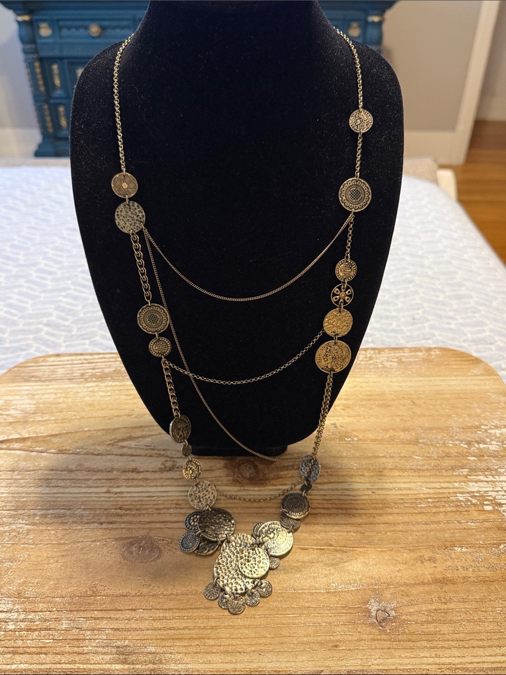 Vintage Gold Tone Celtic Coin Beaded Large Bib Pendant Statement Necklace